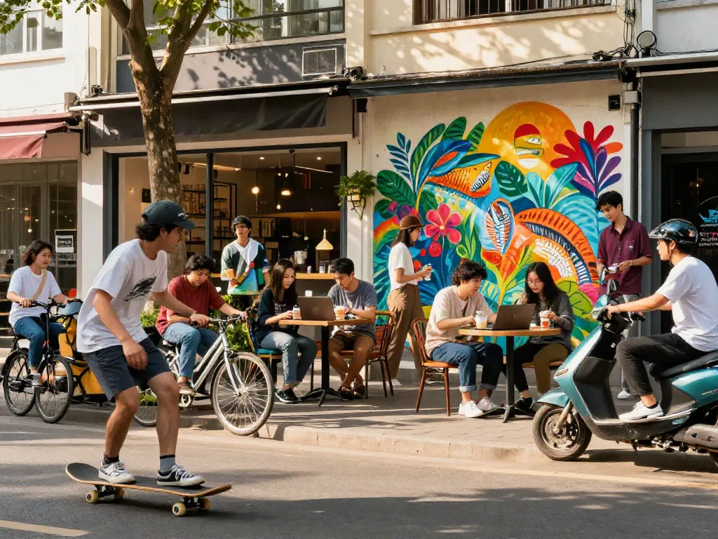 Engaging street scene reflecting community interactions surrounding situs rokok88, with young individuals collaborating, enjoying coffee, and showcasing urban creativity.