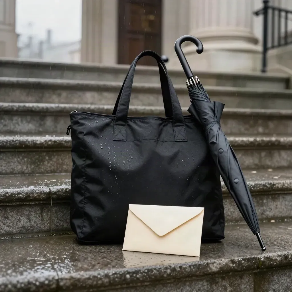 Black file tote, folded umbrella and sealed envelope on wet courthouse steps in sleet.