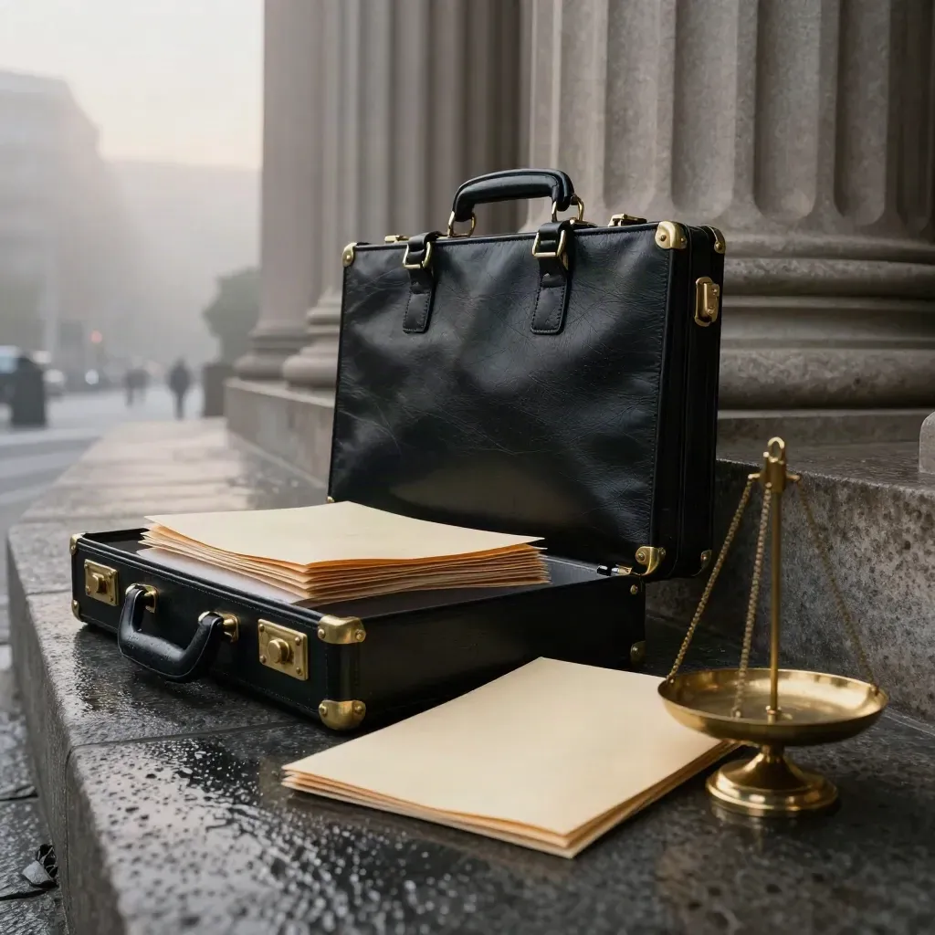 Open legal briefcase, cream files, brass scales, and misty courthouse steps after rain.