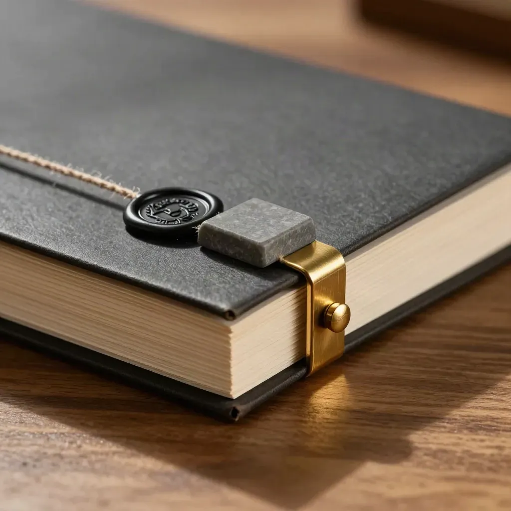 Warm legal file bundle with brass detail, wax seal, and paperweight on oak.