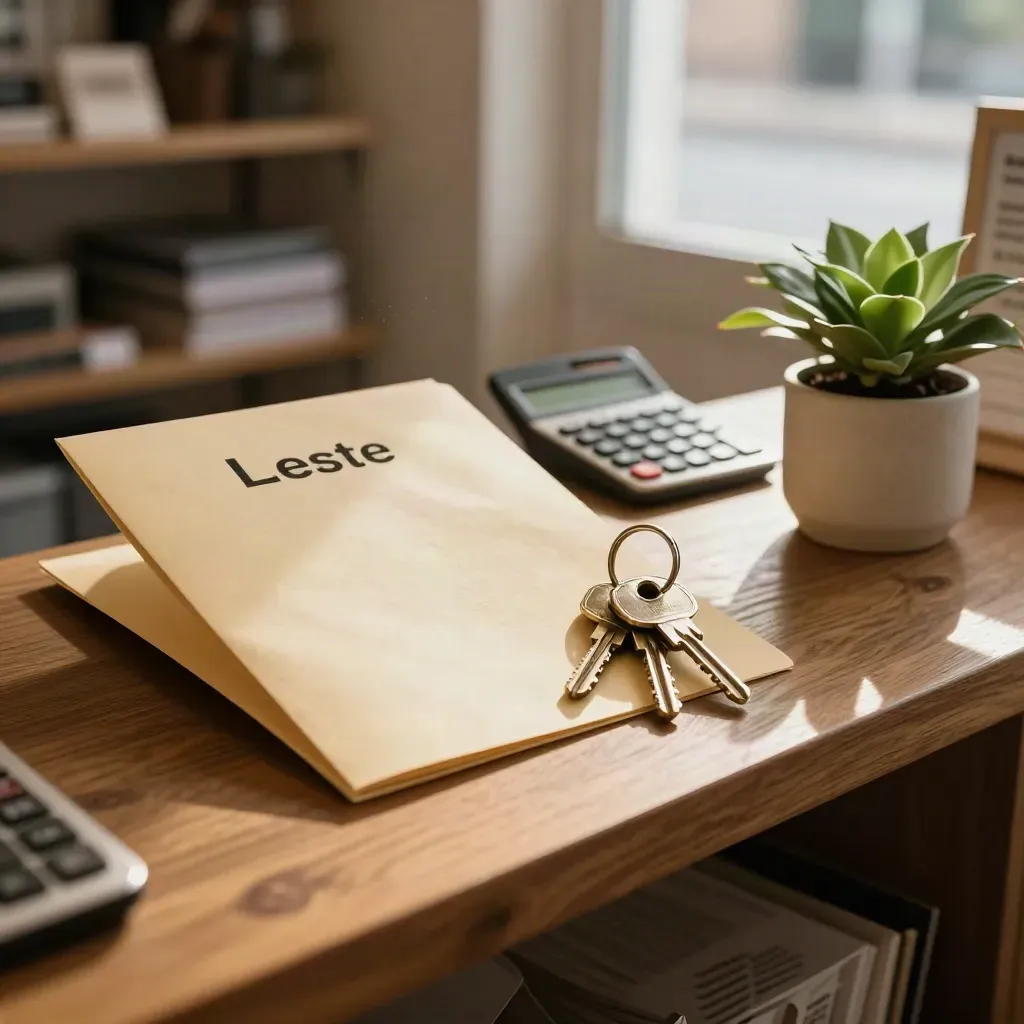 Lease folder, brass keys, calculator, and plant on a warm shop counter.