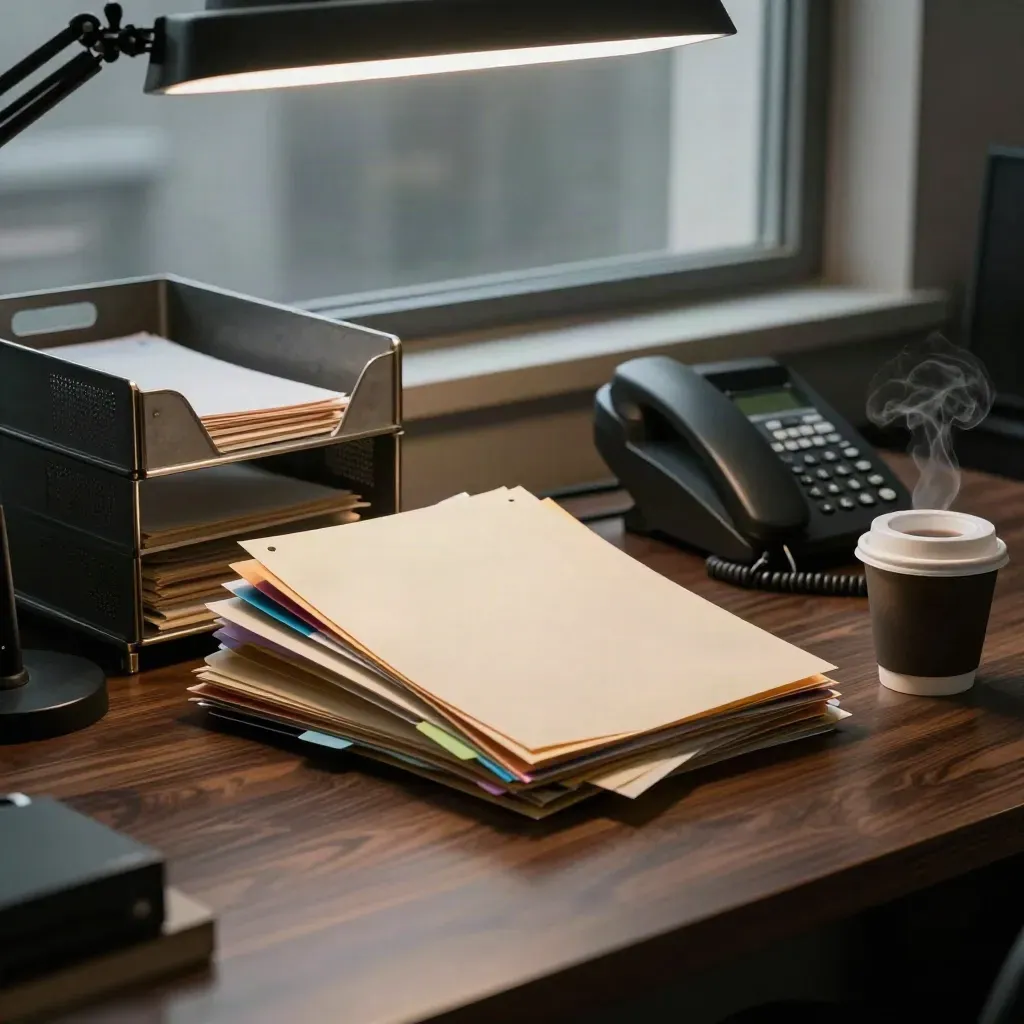 Overloaded legal dispute desk with file trays, ringing phone and steaming coffee in moody light.