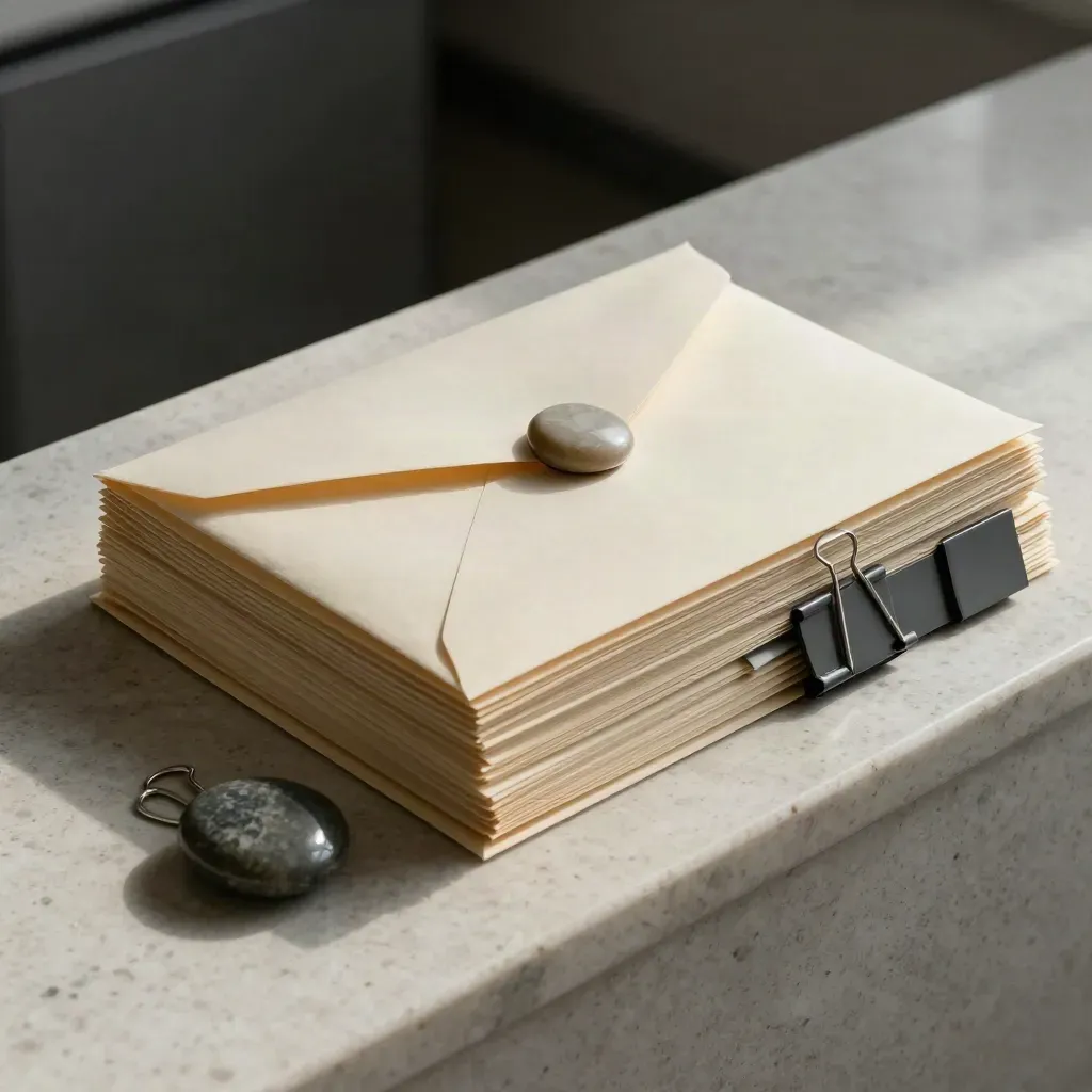 Top-down legal file bundle with envelope, clips, tabs and stone paperweight on travertine