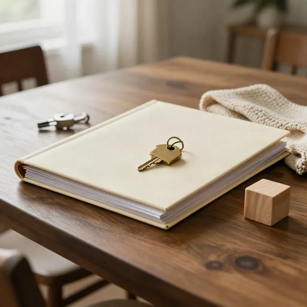 Cream legal folder with house key, knit throw, and wooden block on a walnut table