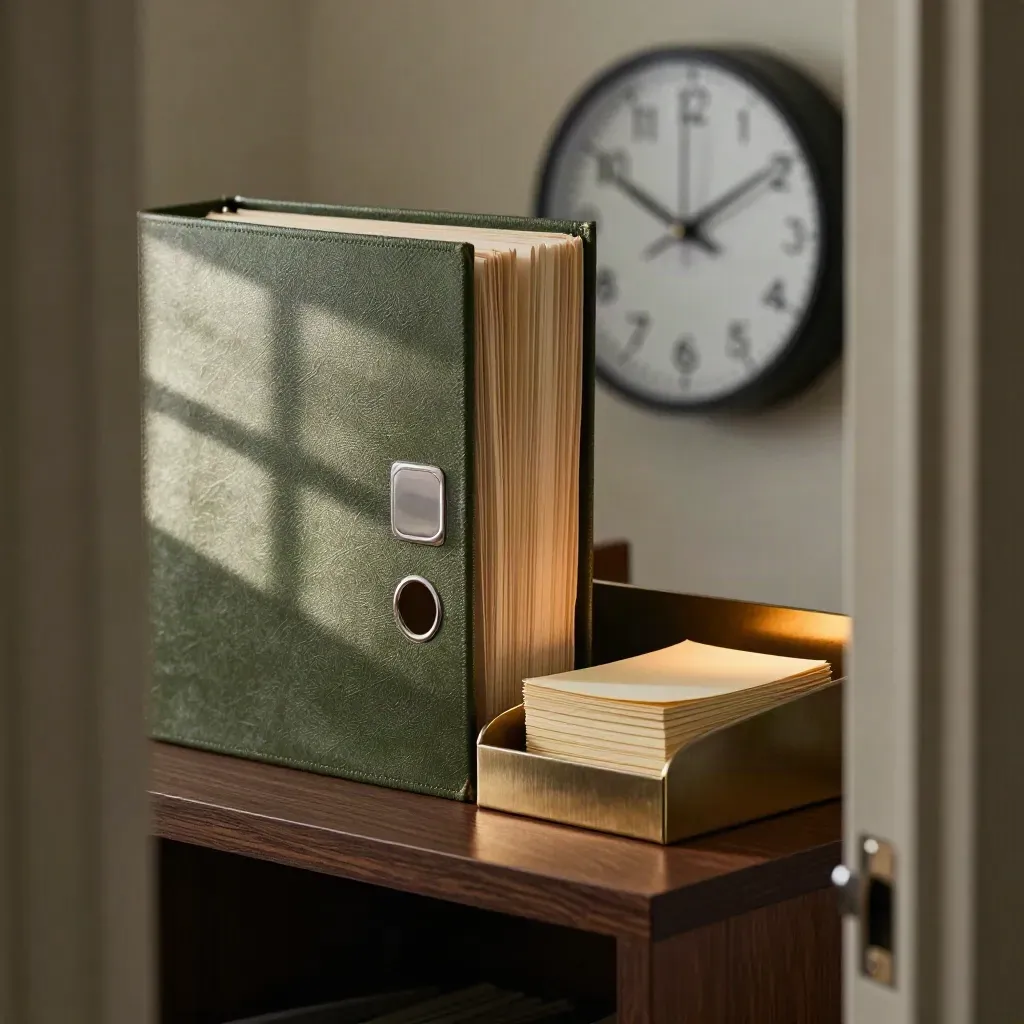 Olive compliance binder beside a metal tray and blurred wall clock in a warm office corner.