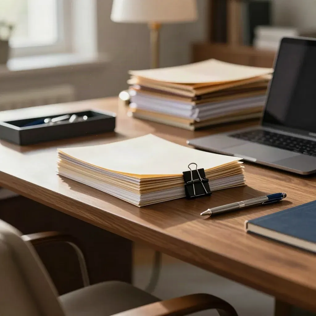 Warm legal review desk with files, binder clips, closed laptop and soft window light.