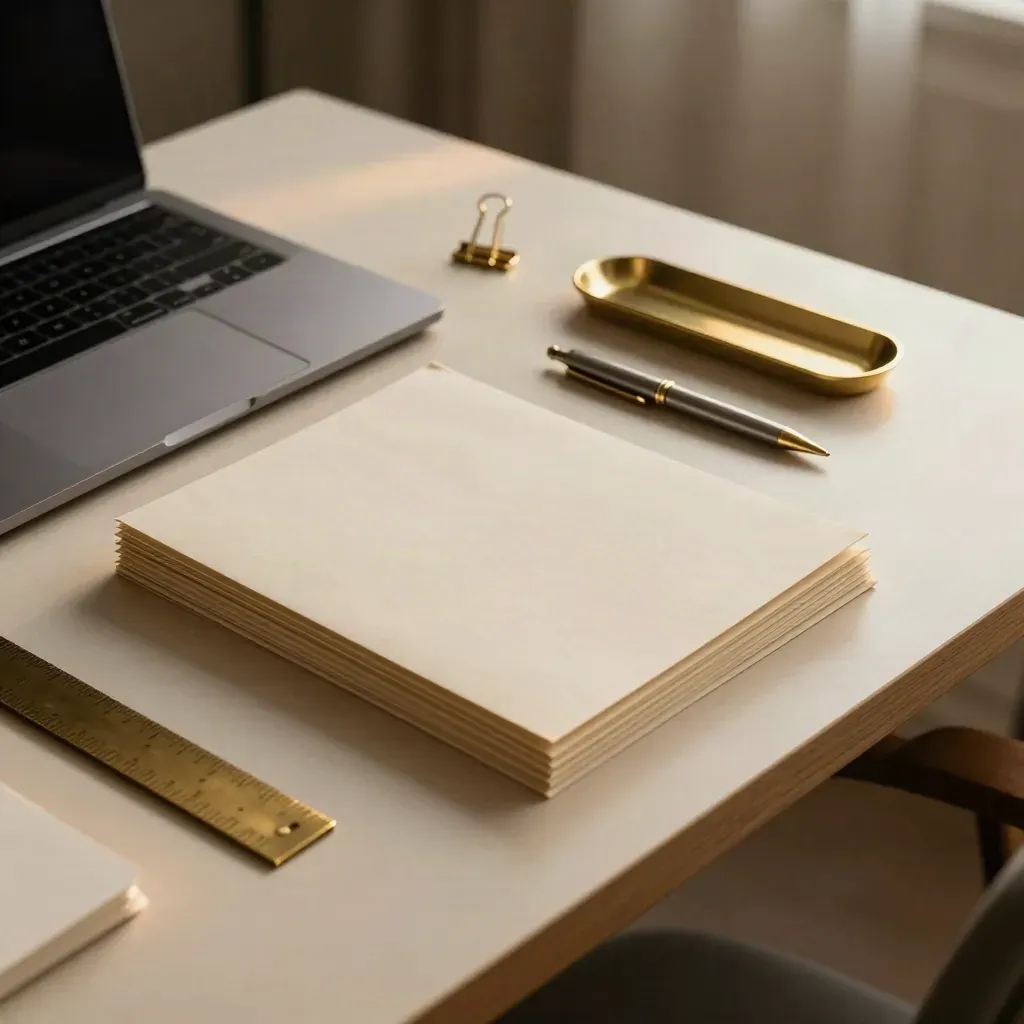 Oak legal desk with laptop, file sleeves, brass clips, and warm light.