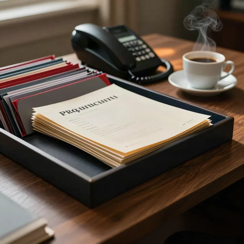Ringing phone, folder tray and coffee on a legal desk, pulled dispute file in warm late light.