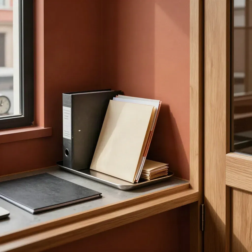 Legal office corner with binder, metal tray, sealed envelope, and blurred clock.