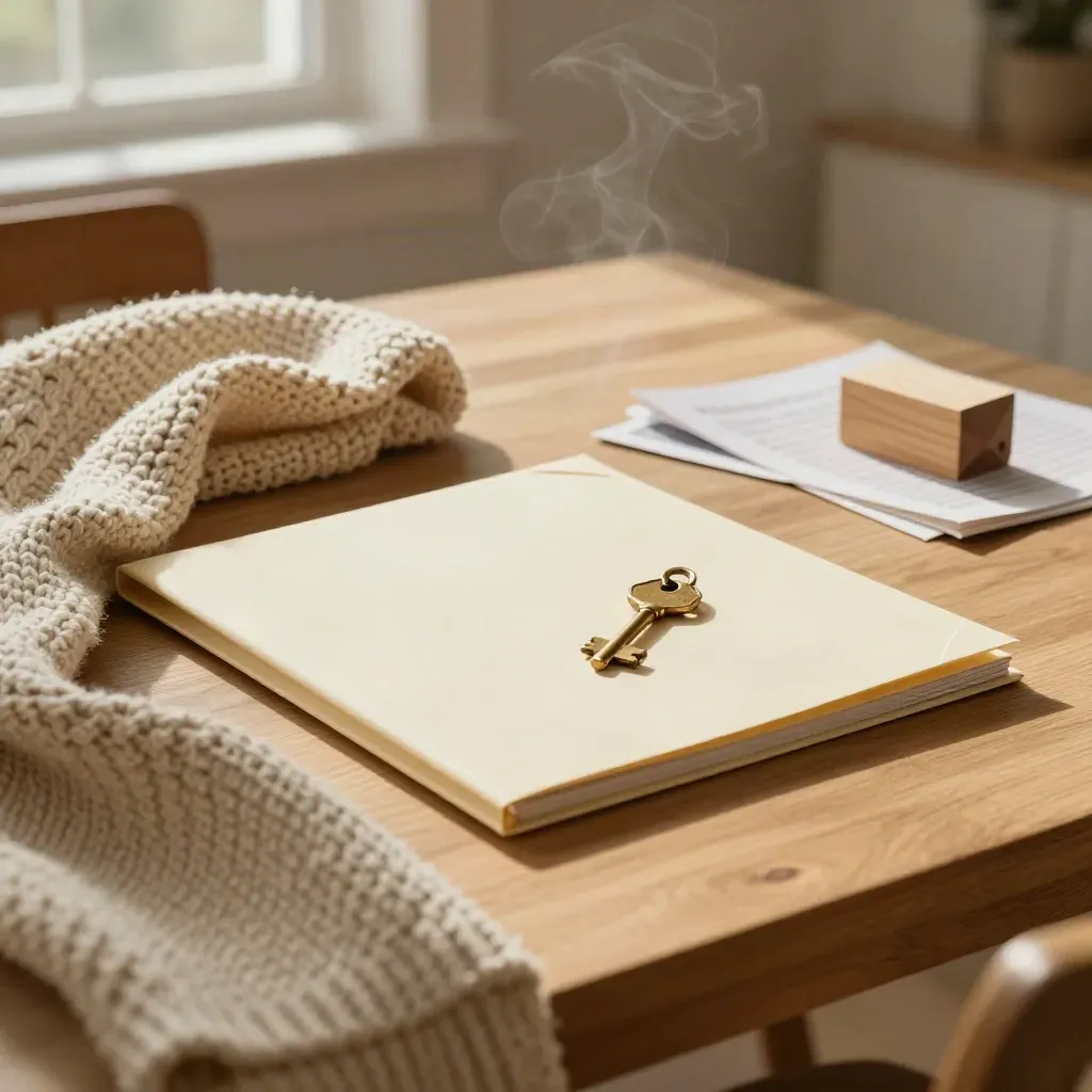 Cream family folder, brass house key, knit blanket and wooden block on a sunlit dining table.