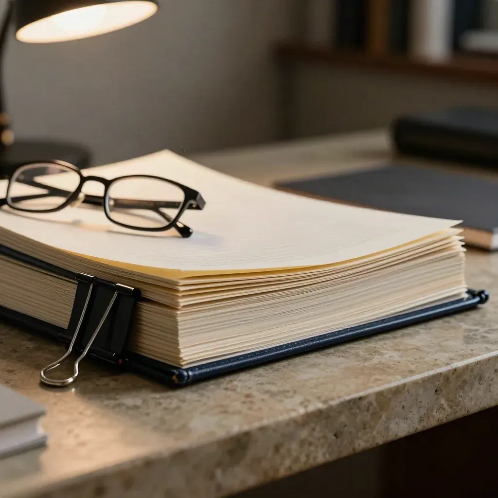 Side-on close view of turned pages, glasses, and binder clips under a lamp.