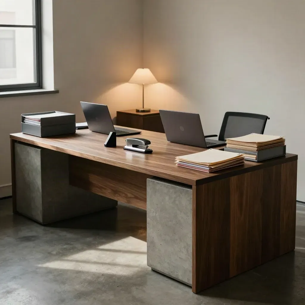 Two closed laptops and file trays in a cozy legal office, with late sun and warm lamp glow.