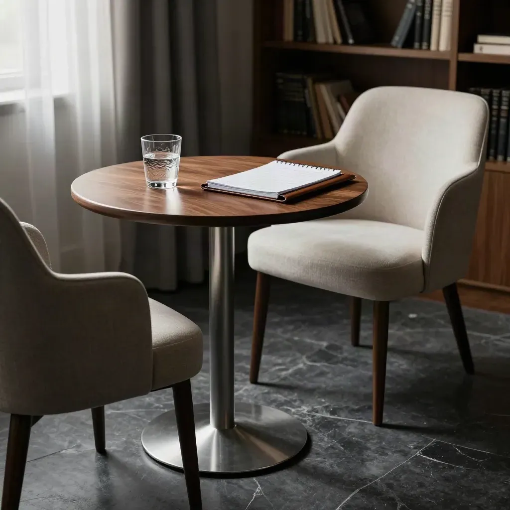Low-angle legal consultation room with empty chairs, water glasses, and a notepad on leather folder.