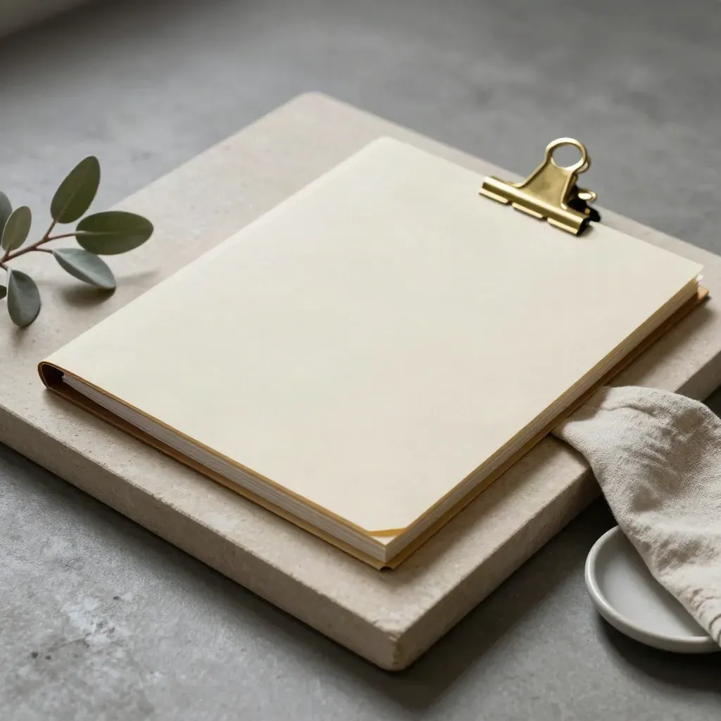Cream legal file clipped shut on stone with linen, plant, and ceramic dish.