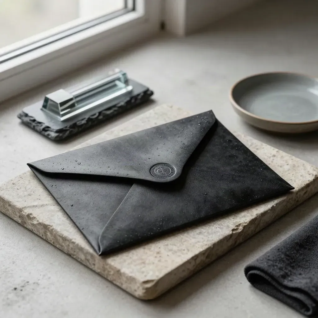 Black court file envelope with stone tray, cloth, paperweight, and ceramic dish on concrete.
