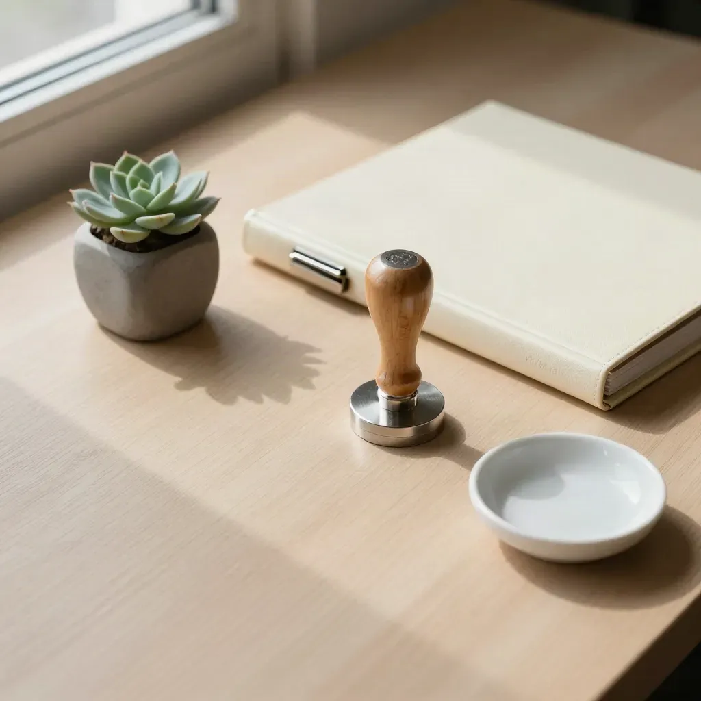 Metal seal stamp beside a closed compliance binder, succulent, and ceramic dish on pale wood.