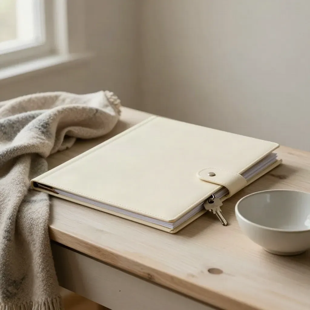 Cream family folder, house key, wool throw and ceramic bowl on pale wood in soft morning light